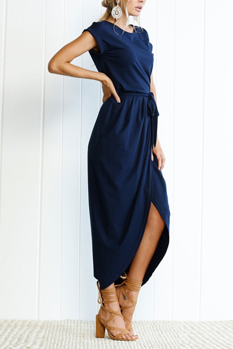 Maelis | Women's Cap Sleeve Casual Midi Dress, Belted Wrap Skirt Everyday Dress