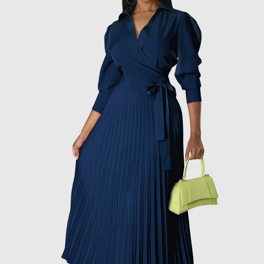 Evelina | Women's Pleated Wrap Midi Dress, Three-Quarter Sleeve Belted Dress