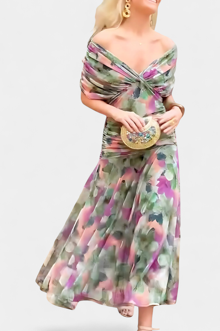 Alondra | Women's Floral V-Neck Maxi Dress, Long Pleated Waist Dress