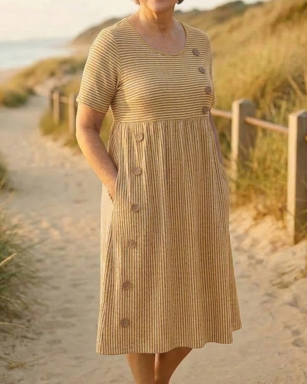 Brienne | Women's Striped A-Line Midi Dress, Three-Quarter Sleeve Casual Dress