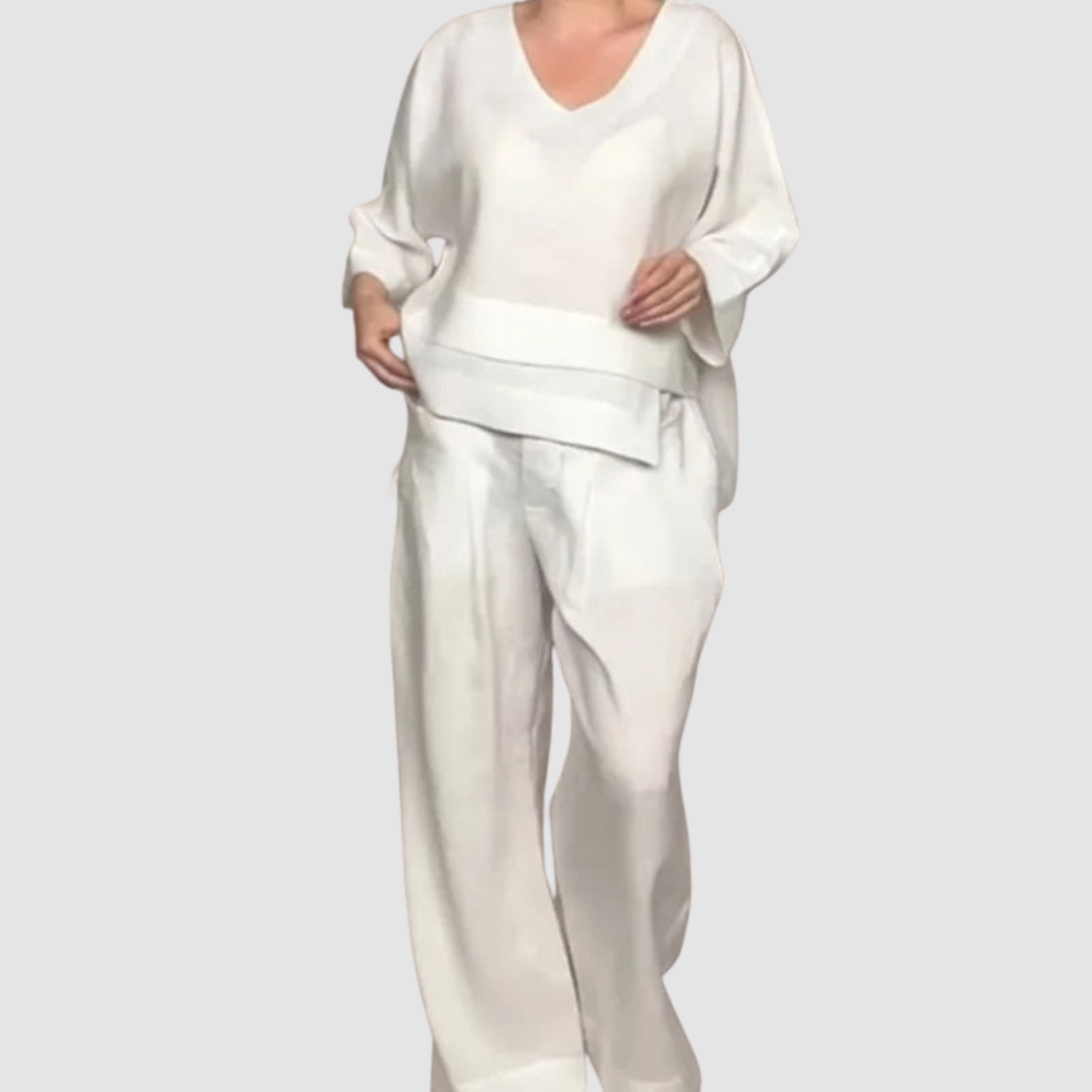 Vina | Women's Relaxed Two-Piece Set, Asymmetrical Top and Wide-Leg Pants Outfit