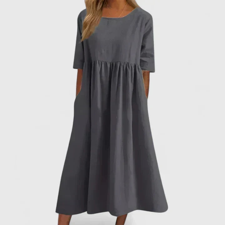 Thalyvia | Women's A-Line Midi Dress, Relaxed Fit Everyday Dress with Pockets