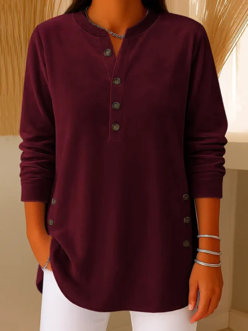 Amina | Women's Classic Crew Neck Sweater, Soft Ribbed Button Detail Pullover