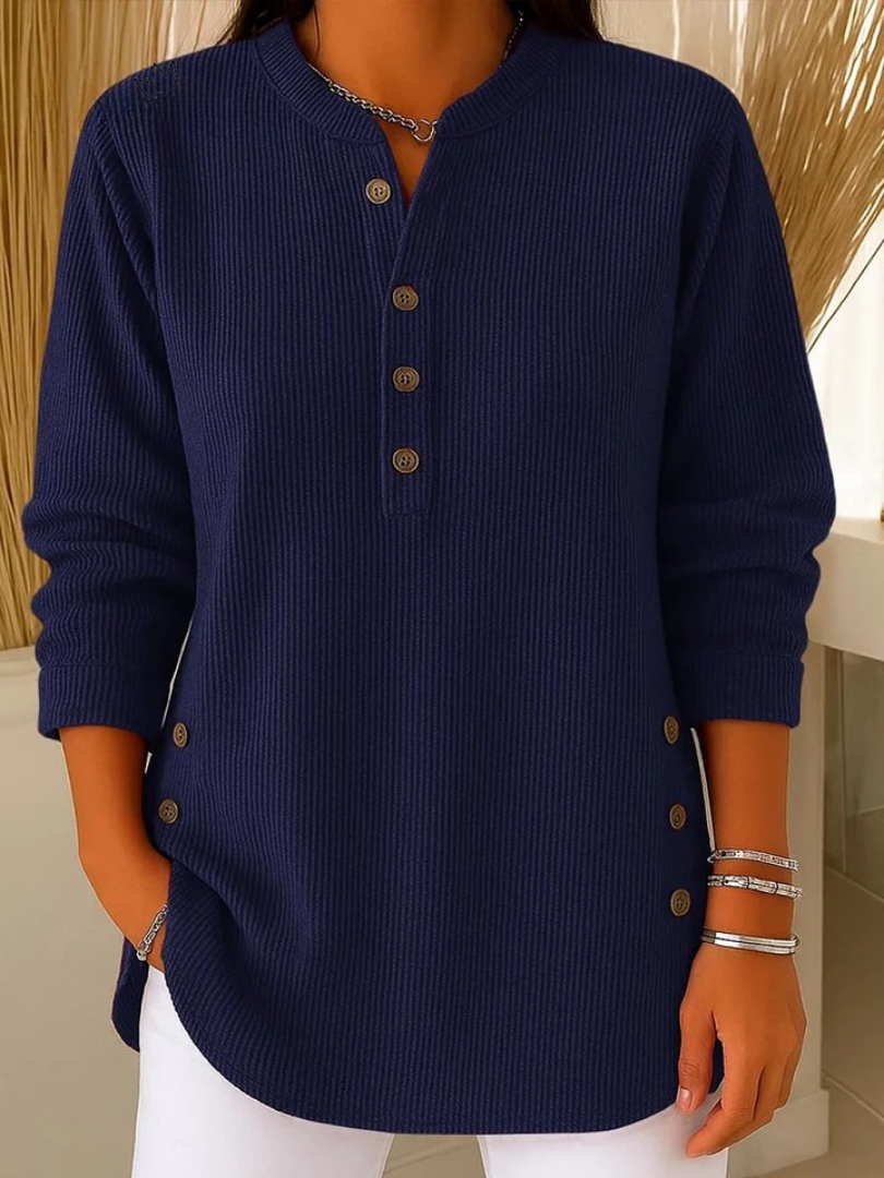 Claudia | Women's Ribbed Knit Tunic Top, Longline Button Detail Comfort Tunic
