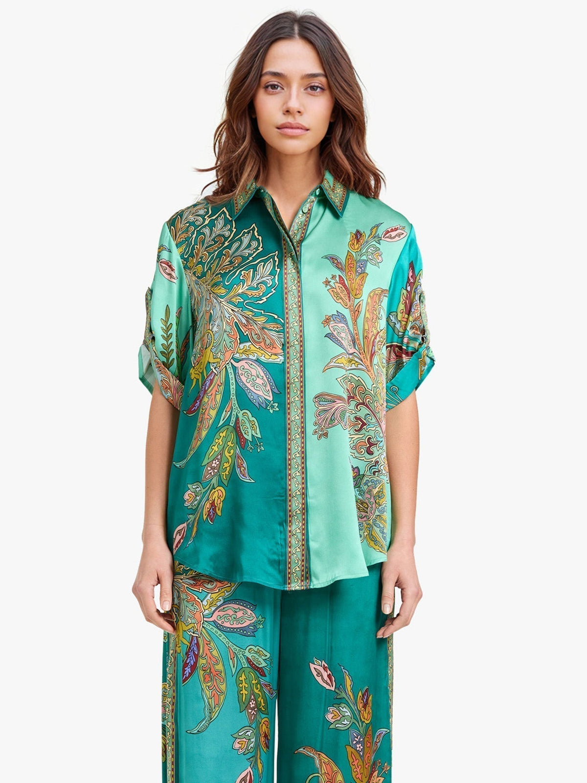 Eliza | Women's Paisley Print Two-Piece Set, Oversized Shirt and Wide-Leg Pants Outfit