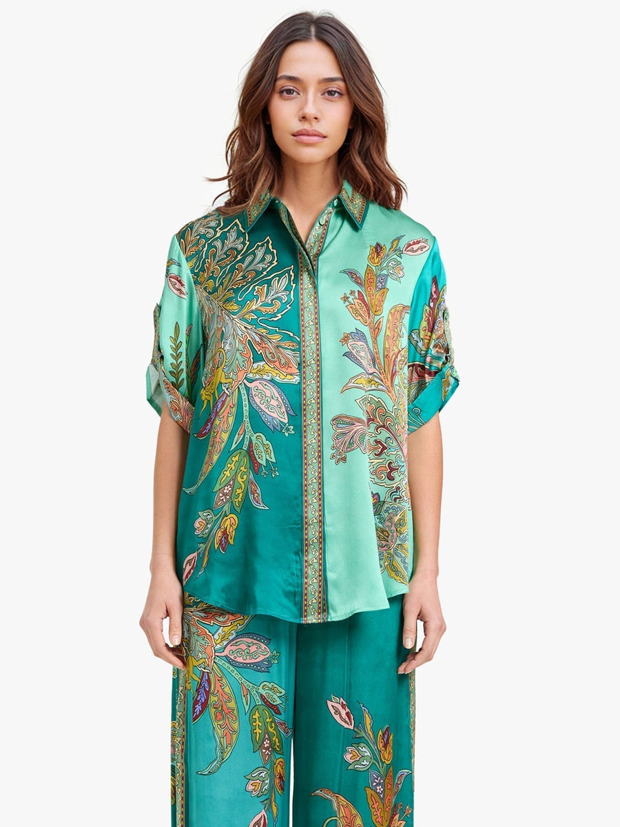Eliza | Women's Paisley Print Two-Piece Set, Oversized Shirt and Wide-Leg Pants Outfit