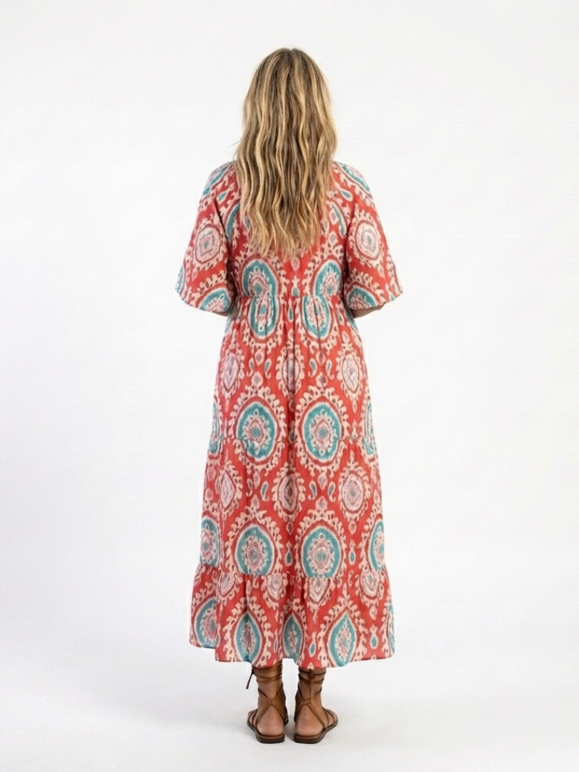 Zaria | Women's Paisley Print Midi Dress, V-Neck Short Sleeve Casual Dress