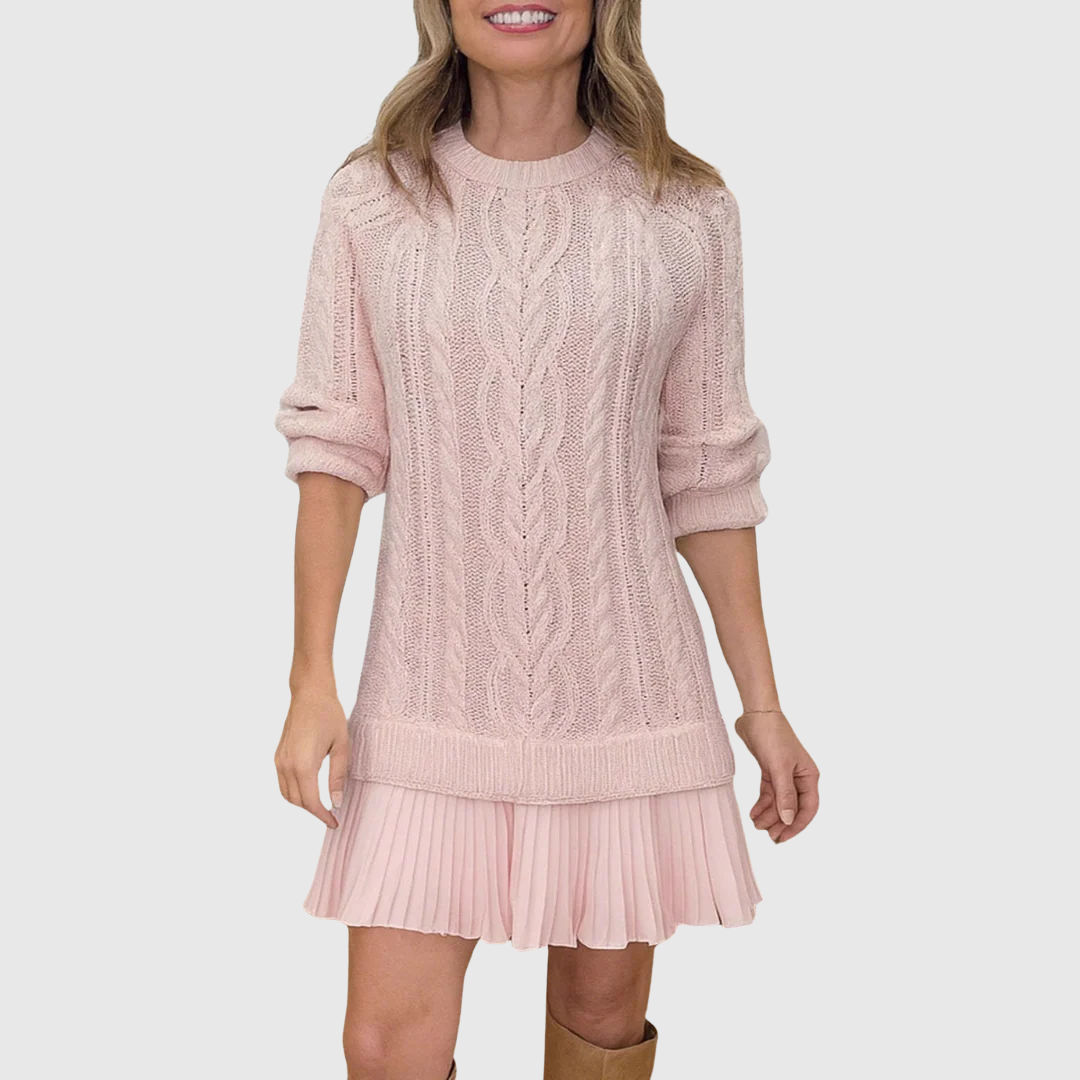 Eira | Women's Cable Knit Sweater Dress, Long Sleeve Crew Neck Winter Dress