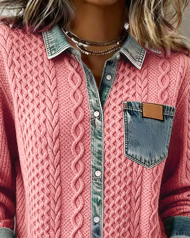 Juliane | Women's Pink Denim-Look Textured Knit Sweater, Long Sleeve Casual Pullover
