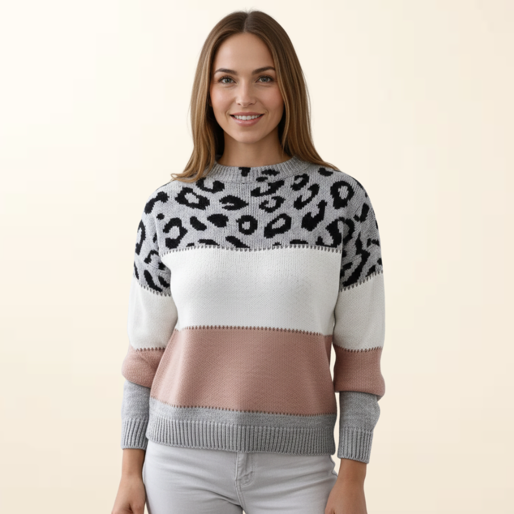 Zoë | Women's Leopard Print Sweater, Soft Relaxed Fit Knit Pullover for Everyday Wear
