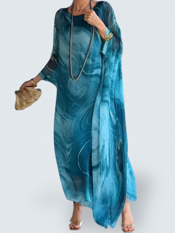 Sorea | Women's Long Sleeve Chiffon Maxi Dress, Printed Round Neck Party Dress