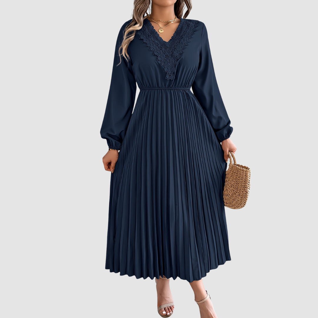 Rosalind Quinn | Women's Lace Trim V-Neck A-Line Dress, Long Sleeve Fall Dress