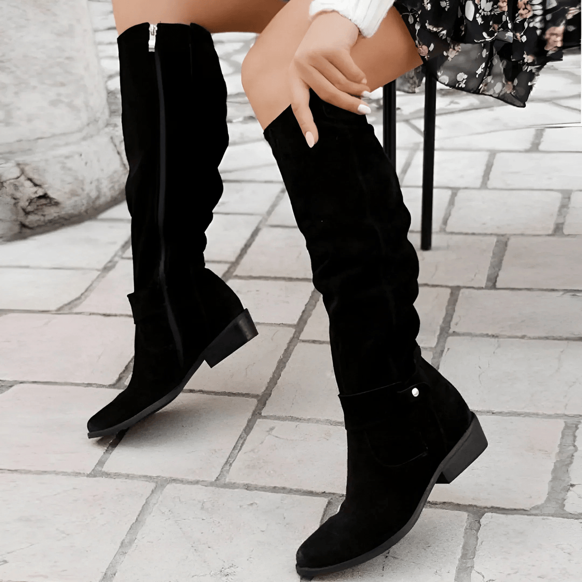 Savannah | Women's Tall Suede Western Boots, Slouchy Buckle Boots with Low Heel