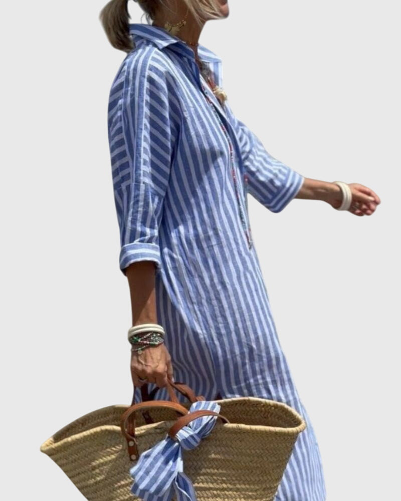Ellen | Women's Classic Striped Midi Dress, Relaxed Fit Lightweight Day Dress