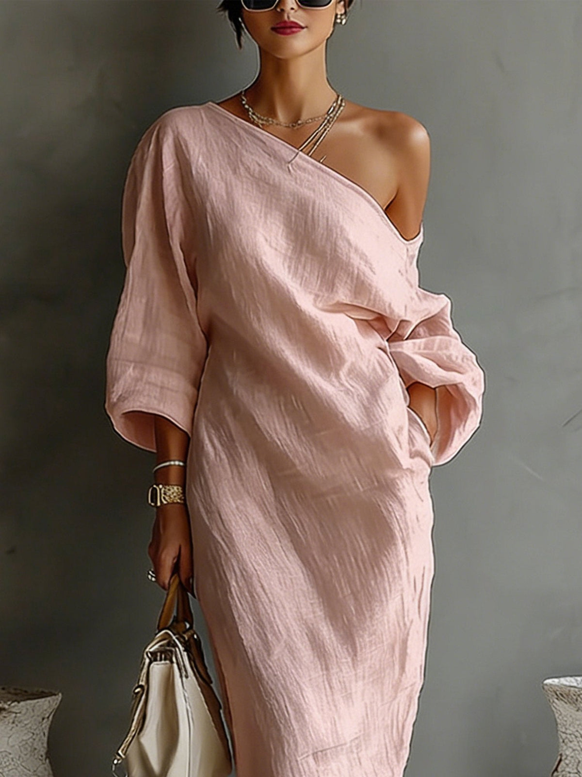 Women's Balloon Sleeve Cotton Linen Maxi Dress, Flowy Summer Dress with Irregular Hem