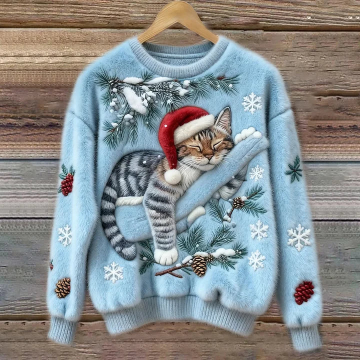 Olivia | Women's Plush Cat Christmas Sweater, Cozy Festive Winter Knit Sweater