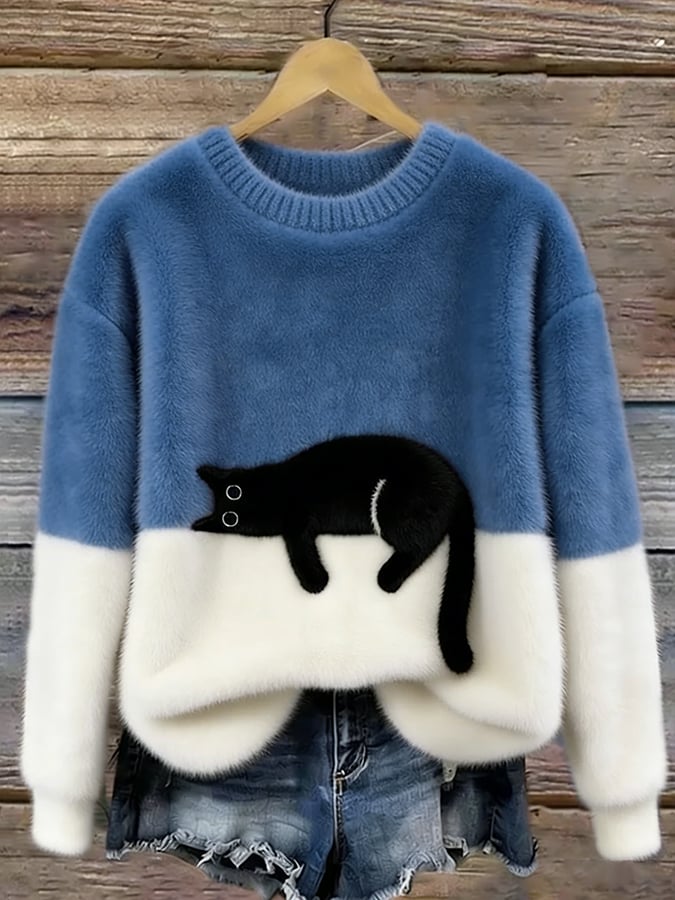 Luna | Women's Cat Print Cotton Blend Sweater, Relaxed Fit Casual Knit Sweater