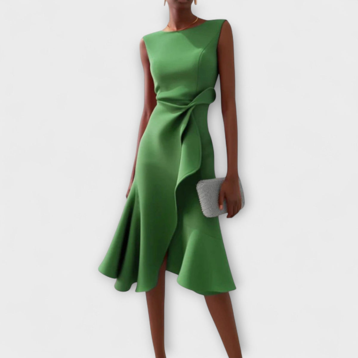 Darlene | Women's Sleeveless Asymmetric Midi Dress, Draped Wedding Guest Dress