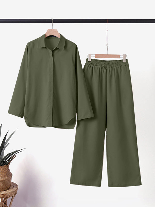Denice | Women's Casual Two-Piece Set, Button-Up Top and Wide-Leg Trousers Outfit