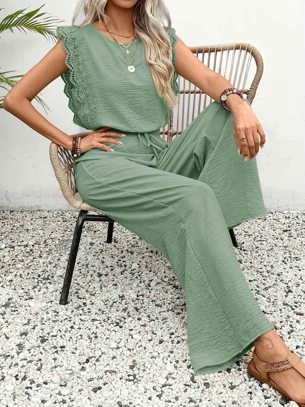 Zella | Women's Lace-Trimmed Two-Piece Set, High-Waist Wide-Leg Trousers and Top