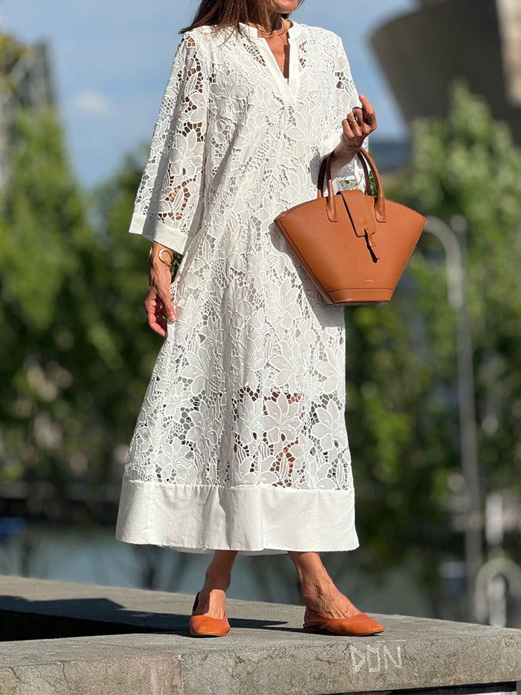 Isabelle | Women's All-Over Lace Midi Dress, Three-Quarter Sleeve Occasion Dress