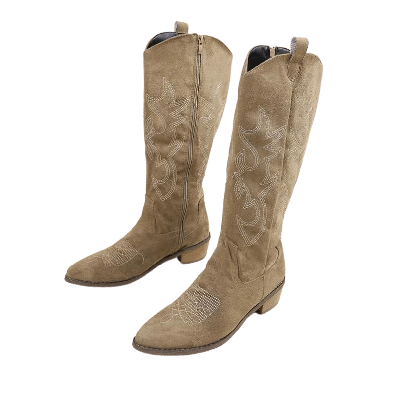 Women's Embroidered Suede Cowboy Boots, Pointed Toe Stacked Heel Western Boots