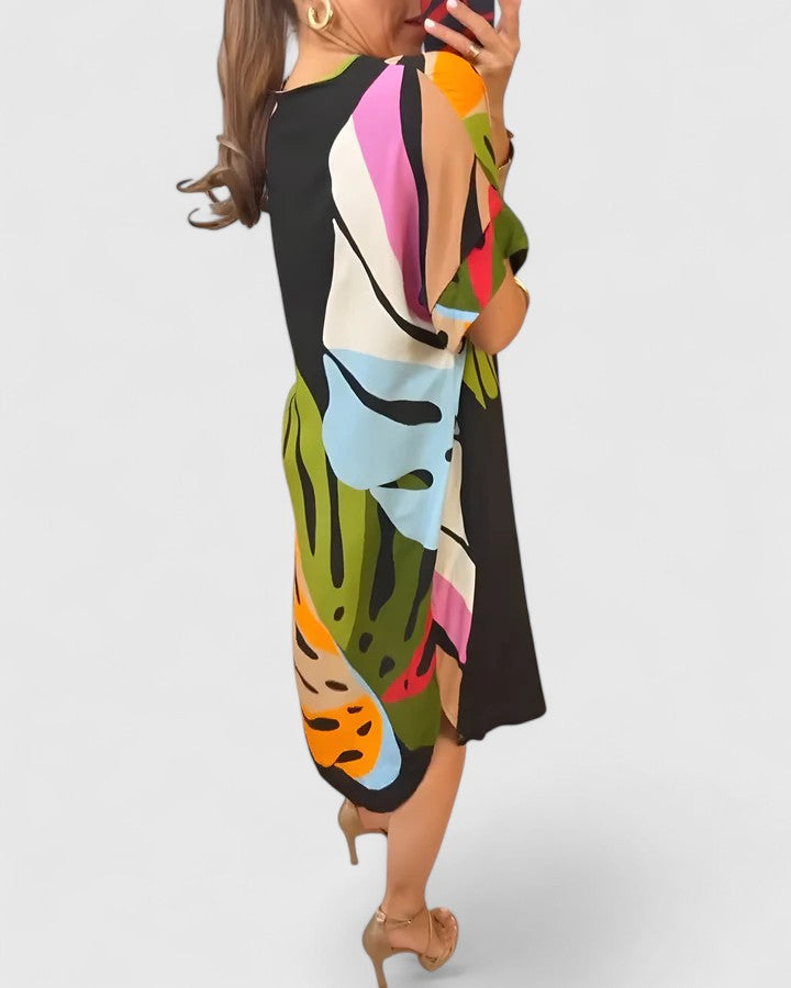 Cymarie | Women's Leaf Print Midi Dress, Loose Fit Breathable Summer Dress