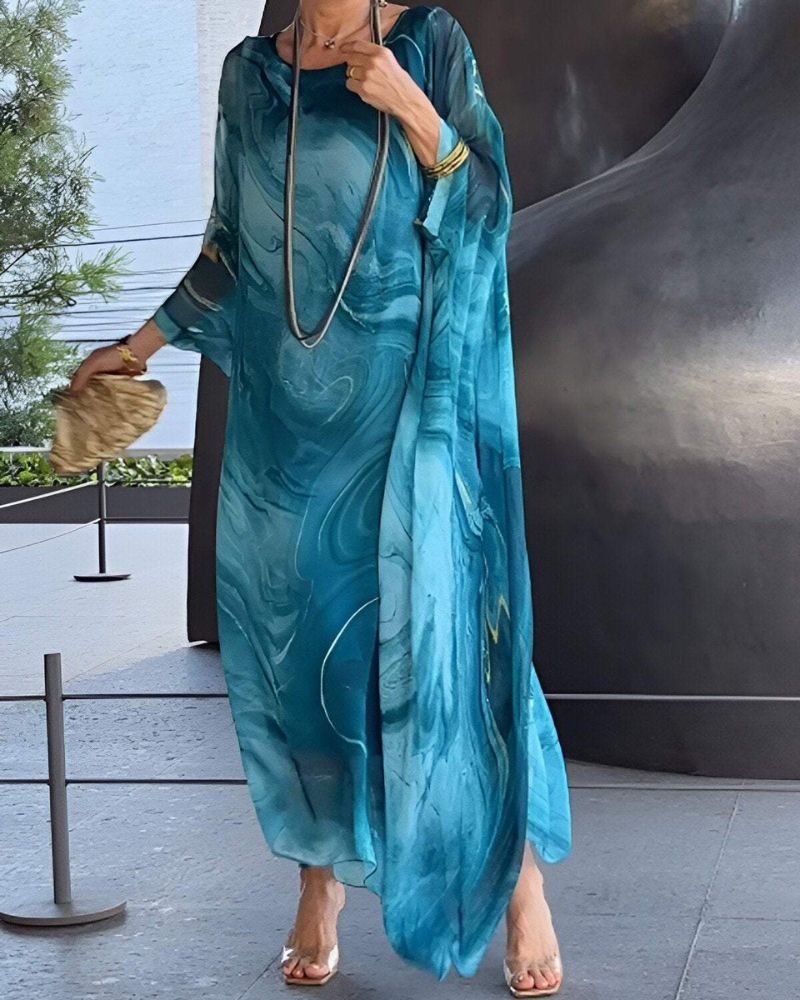 Sorea | Women's Long Sleeve Chiffon Maxi Dress, Printed Round Neck Party Dress