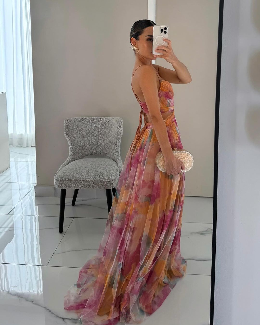 Eirith | Women's Watercolour Print Maxi Dress, Plunging Neckline Dress for Evening Events