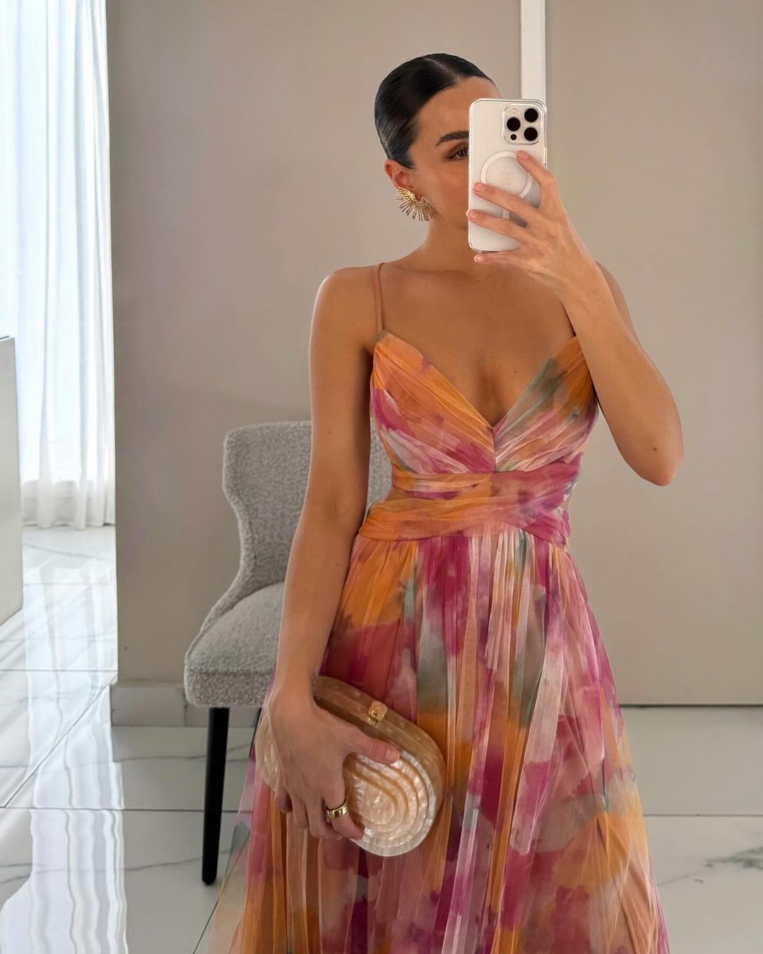 Eirith | Women's Watercolour Print Maxi Dress, Plunging Neckline Dress for Evening Events