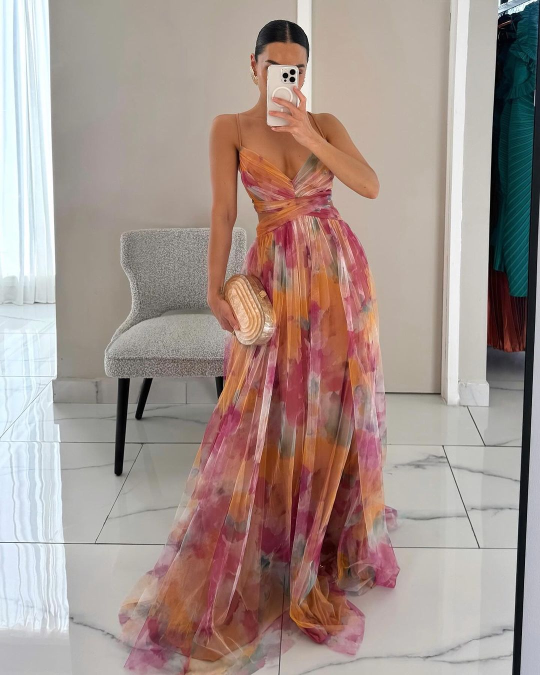 Eirith | Women's Watercolour Print Maxi Dress, Plunging Neckline Dress for Evening Events