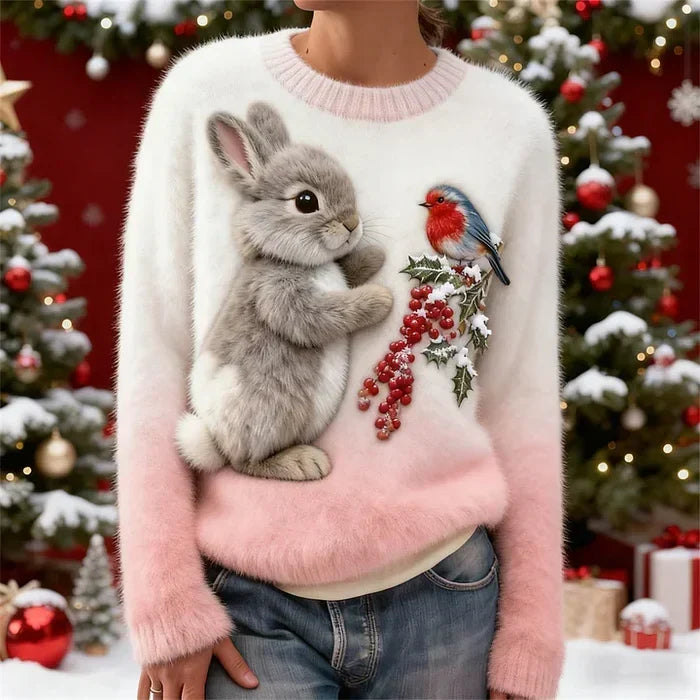 Janelli | Women's Bunny Print Sweater, Soft Plush Festive Winter Knit Sweater