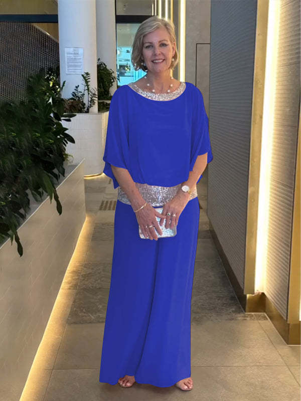 Nessa | Women's Sequin Trim Two-Piece Set, Relaxed Top and Wide-Leg Trousers for Evening