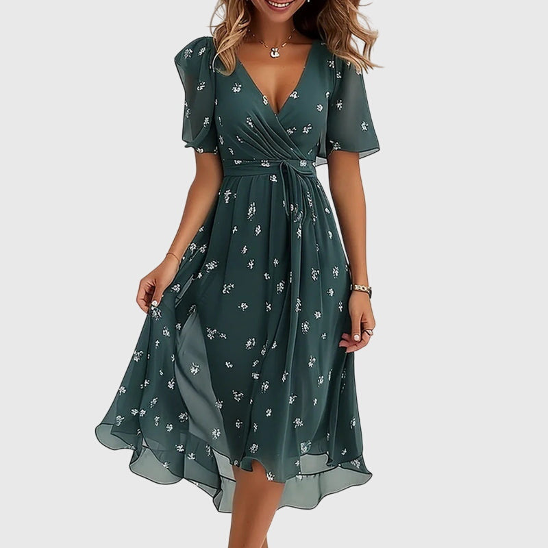 Catalina | Women's Wrap V-Neck Midi Dress, Flutter Sleeve Summer Dress