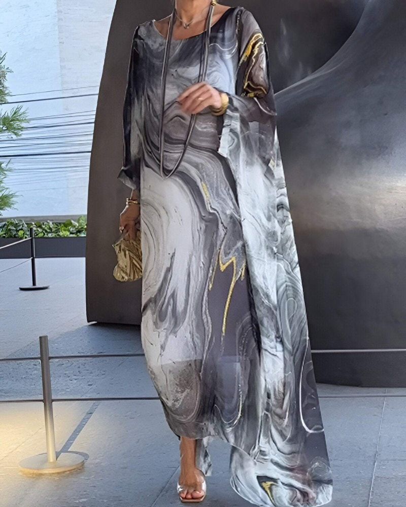 Sorea | Women's Long Sleeve Chiffon Maxi Dress, Printed Round Neck Party Dress