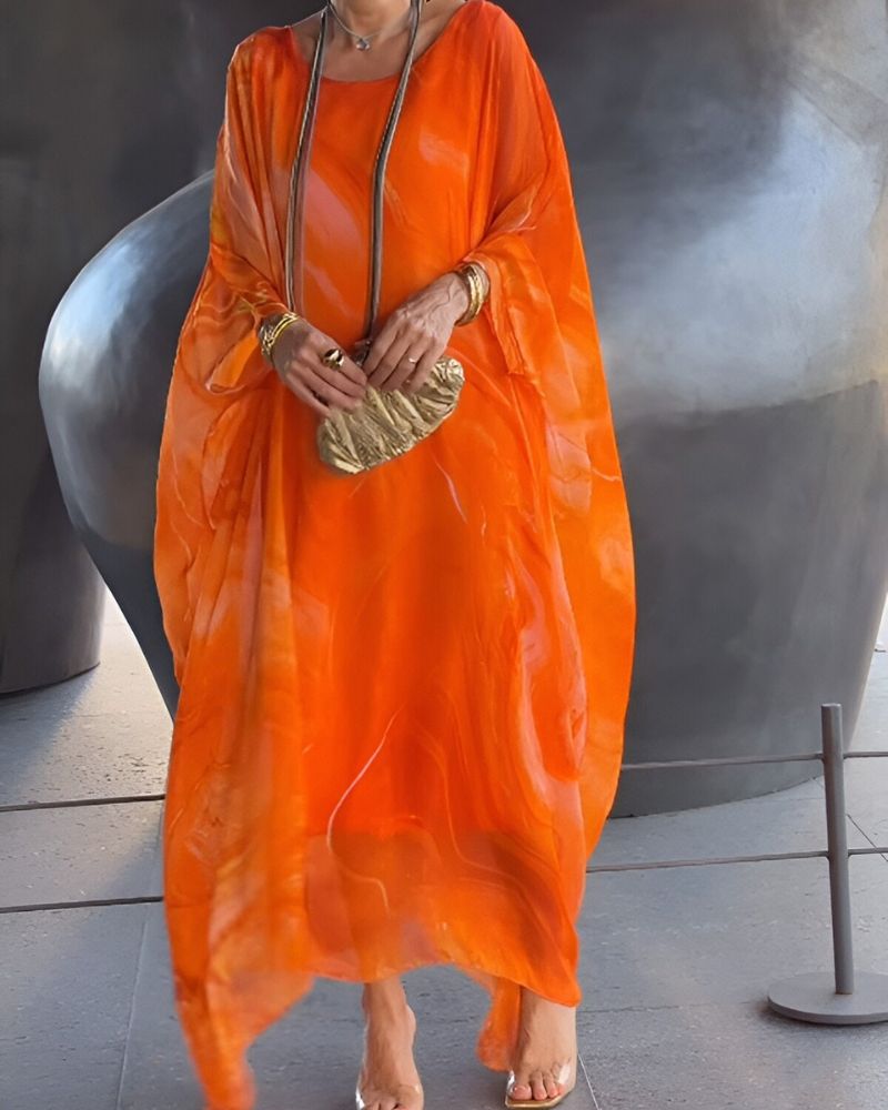 Sorea | Women's Long Sleeve Chiffon Maxi Dress, Printed Round Neck Party Dress