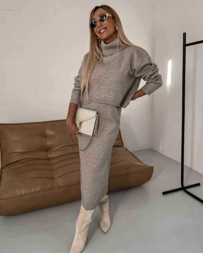 Darla | Women's Knit Two-Piece Set, Midi Sweater Dress and Turtleneck Top for Winter
