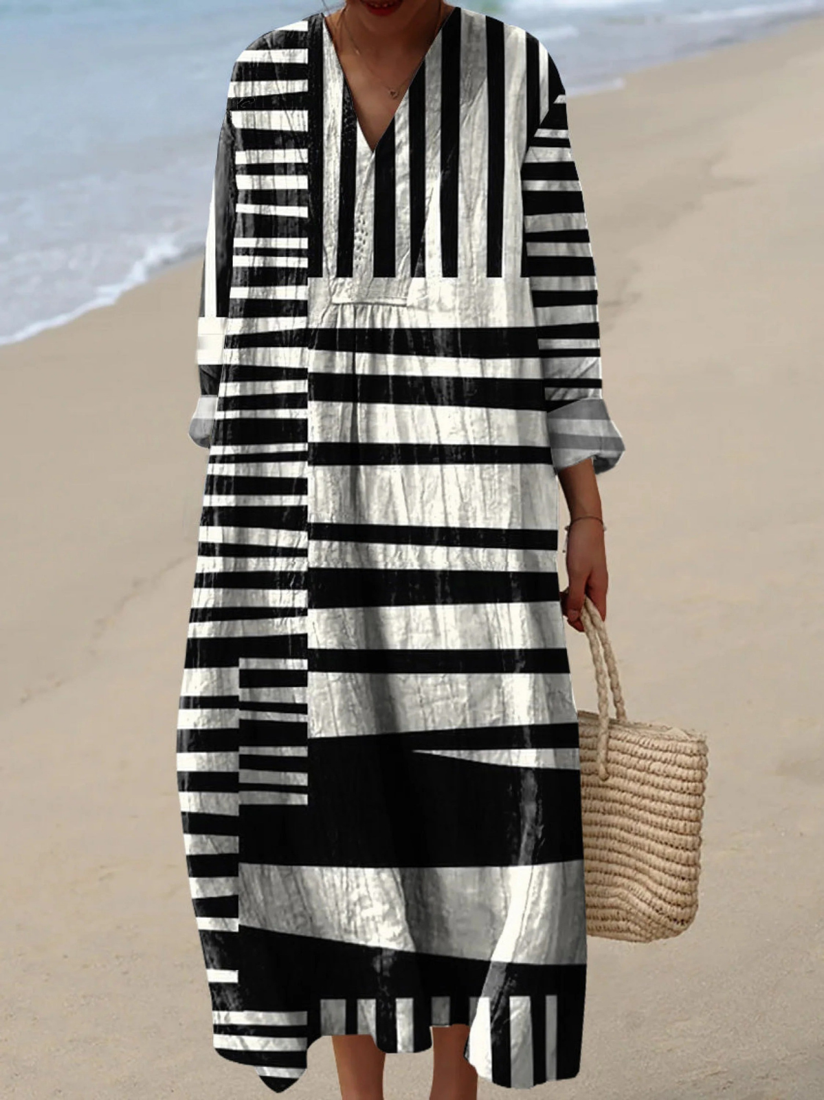 Women's Abstract Stripe Print Cotton Dress, Long Sleeve Spring Dress for Everyday Style