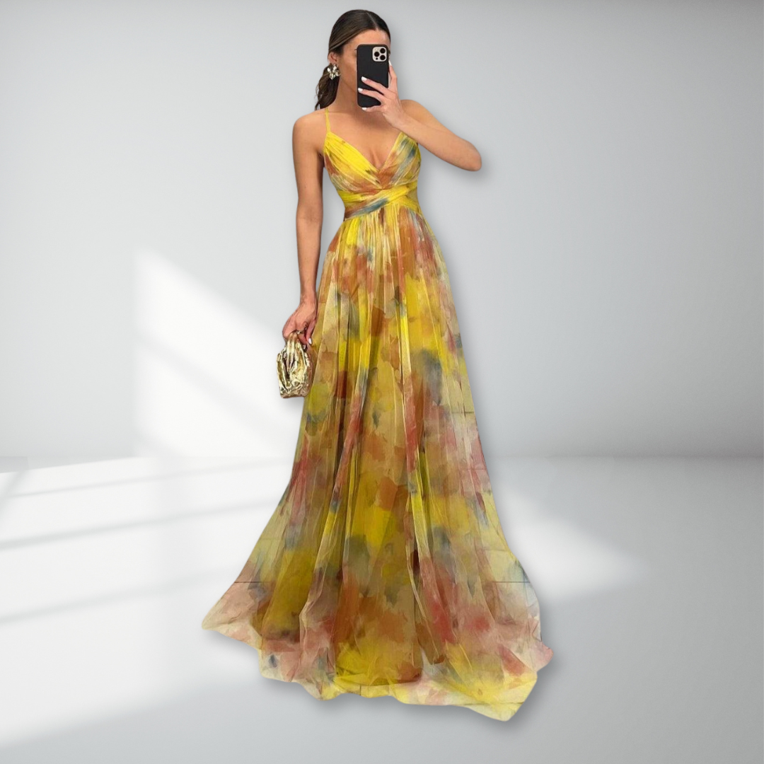 Eirith | Women's Watercolour Print Maxi Dress, Plunging Neckline Dress for Evening Events