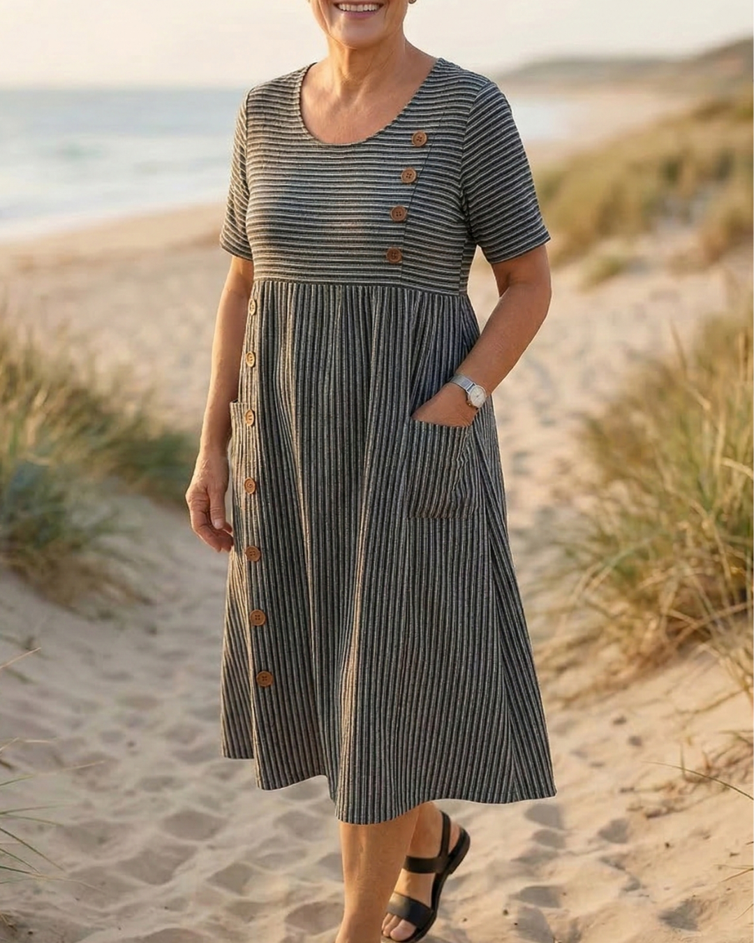 Brienne | Women's Striped A-Line Midi Dress, Three-Quarter Sleeve Casual Dress