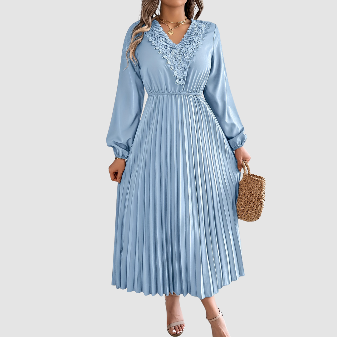 Rosalind Quinn | Women's Lace Trim V-Neck A-Line Dress, Long Sleeve Fall Dress
