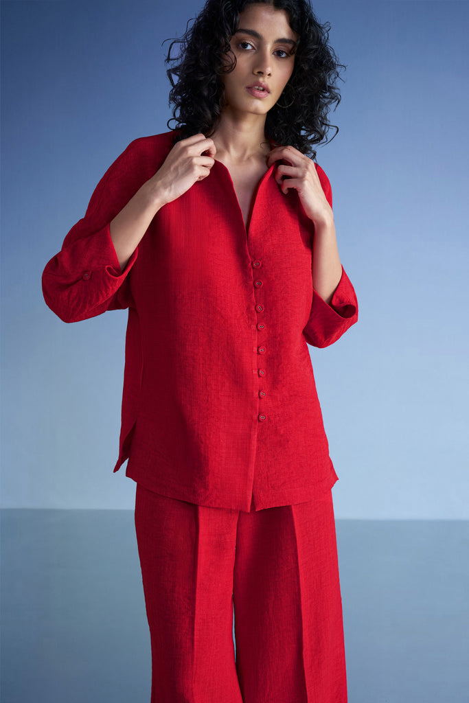 Women's Linen Co-ord Set – Buttoned Shirt & Wide-Leg Pants