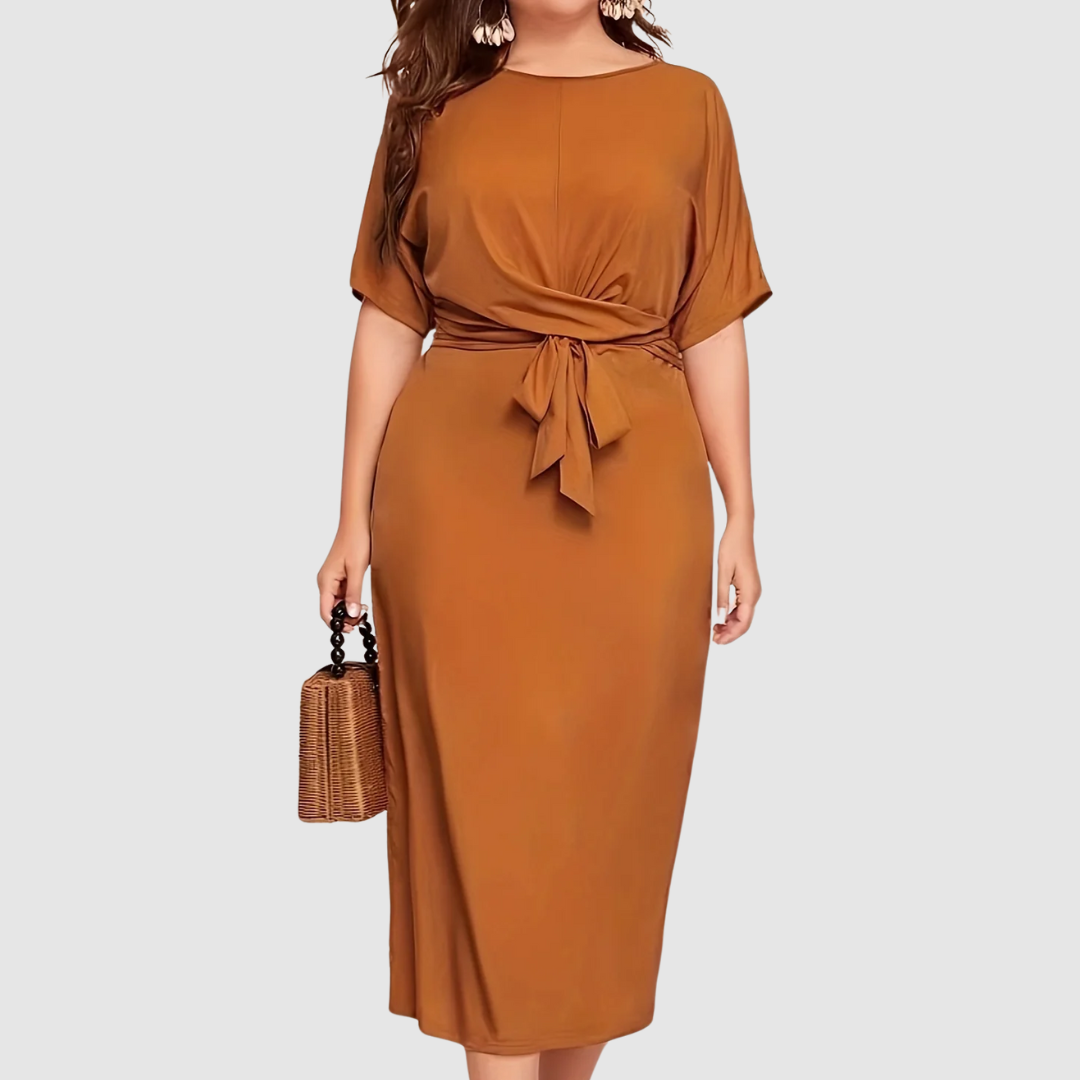 Margaux Lane | Women's Tie Waist Draped Midi Dress, Relaxed Sleeve Fall Dress