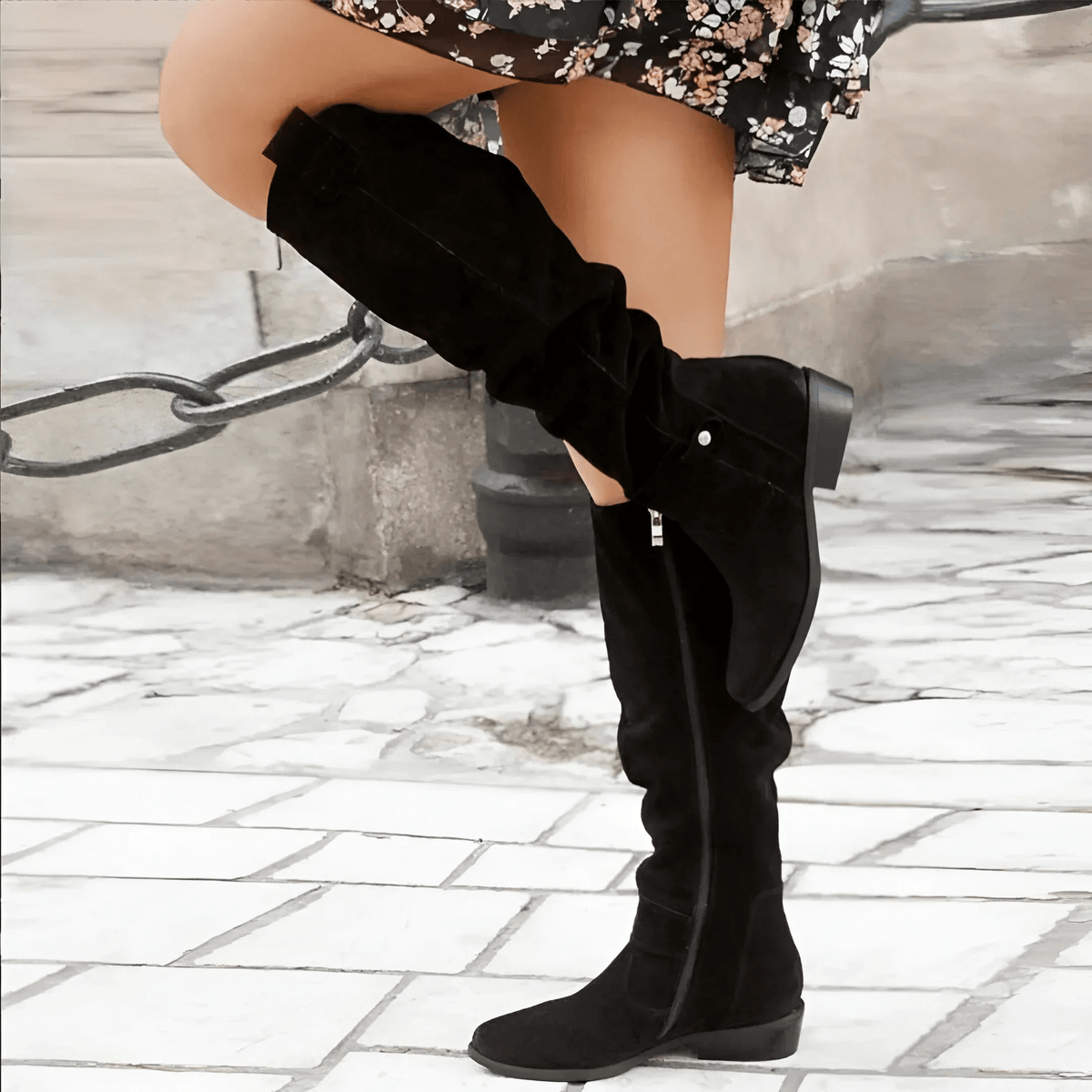 Savannah | Women's Tall Suede Western Boots, Slouchy Buckle Boots with Low Heel