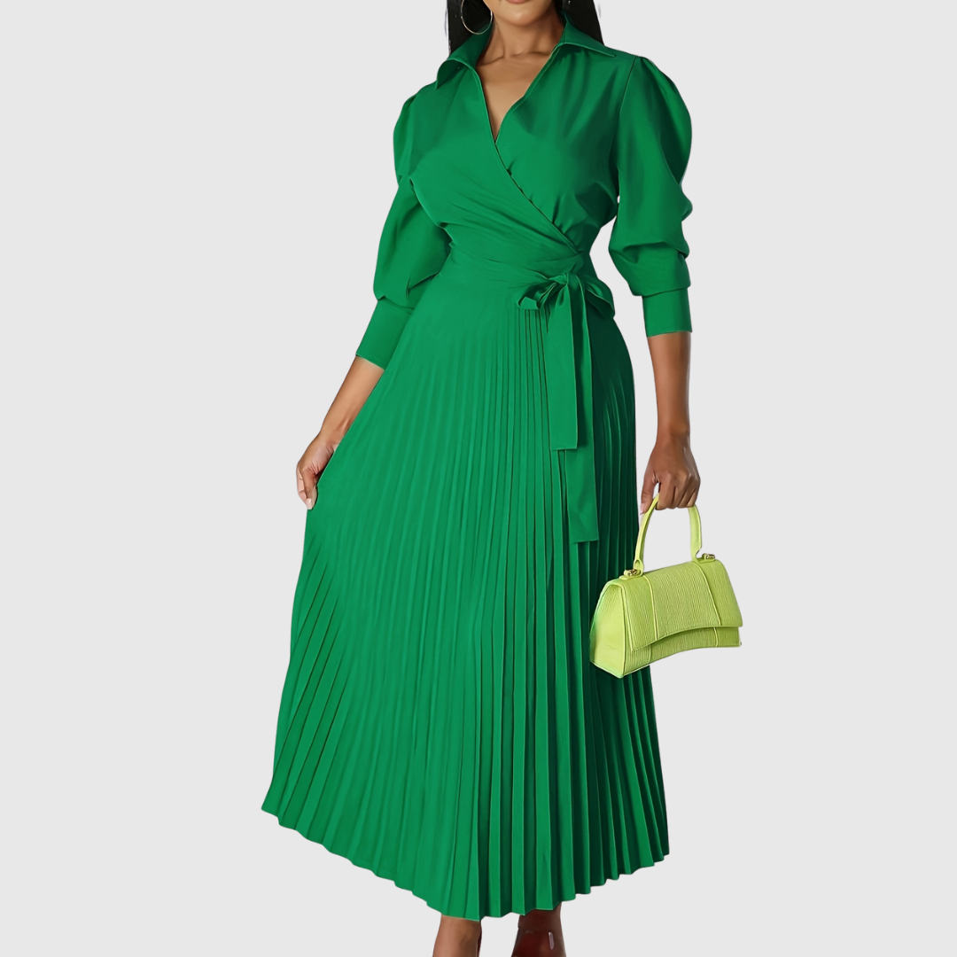Evelina | Women's Pleated Wrap Midi Dress, Three-Quarter Sleeve Belted Dress