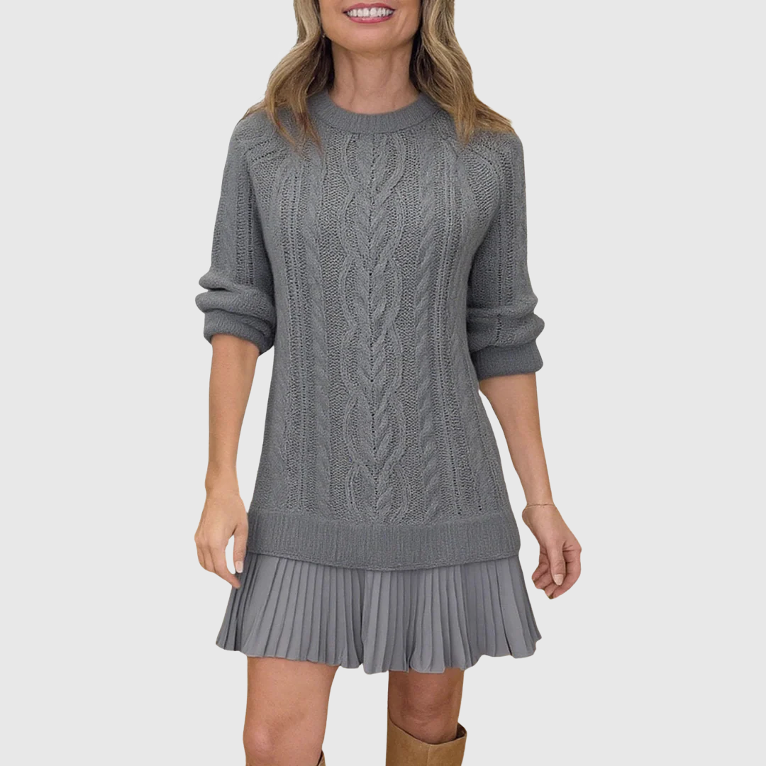 Eira | Women's Cable Knit Sweater Dress, Long Sleeve Crew Neck Winter Dress