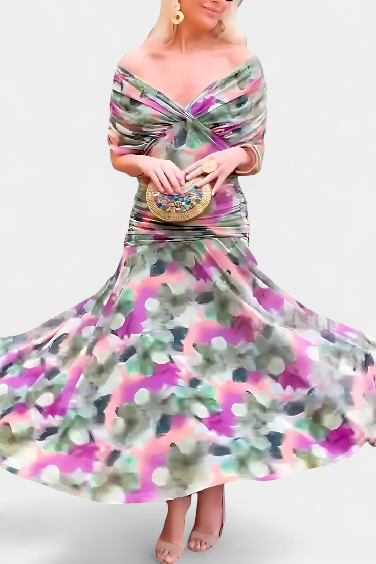 Alondra | Women's Floral V-Neck Maxi Dress, Long Pleated Waist Dress