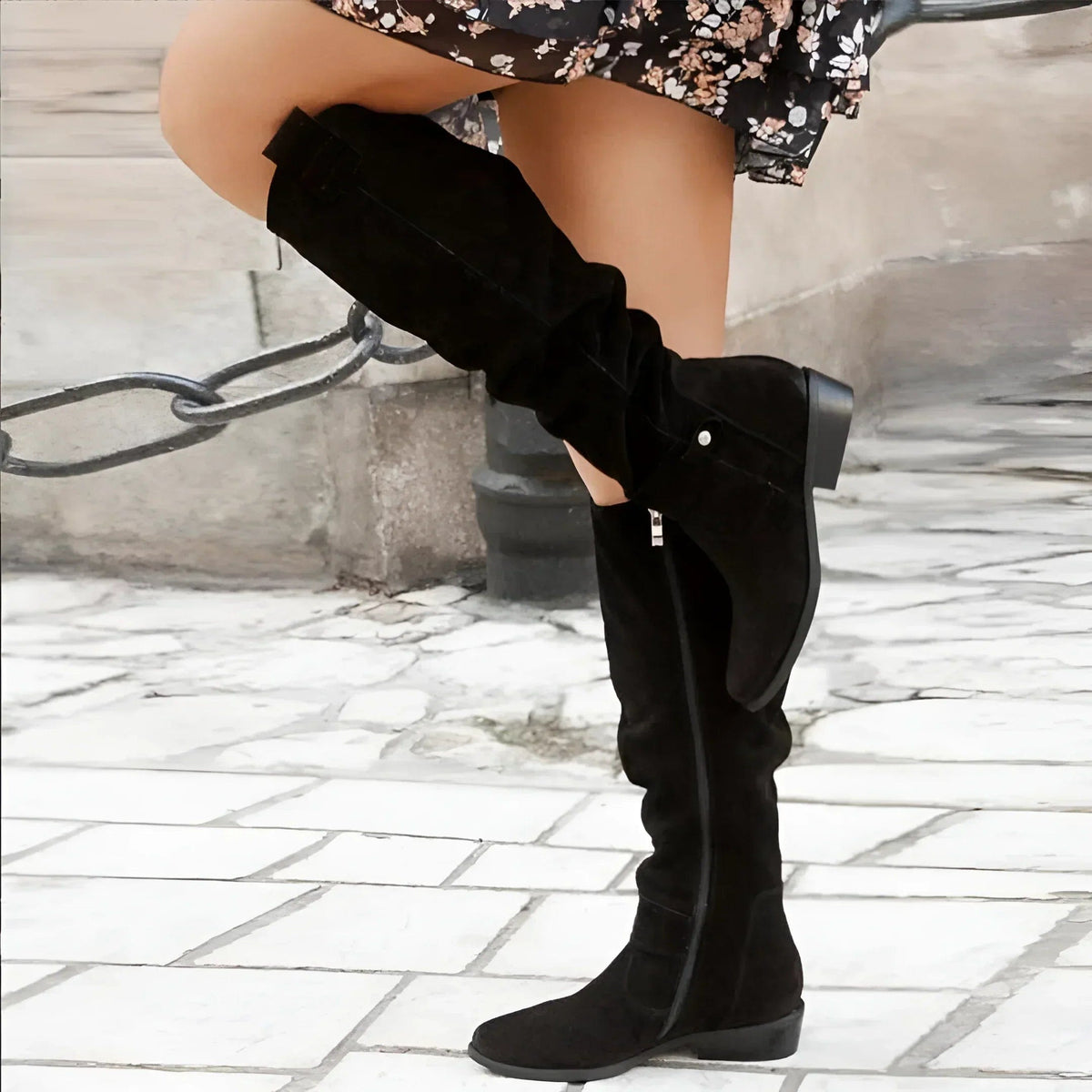 Savannah | Women's Tall Suede Western Boots, Slouchy Buckle Boots with Low Heel