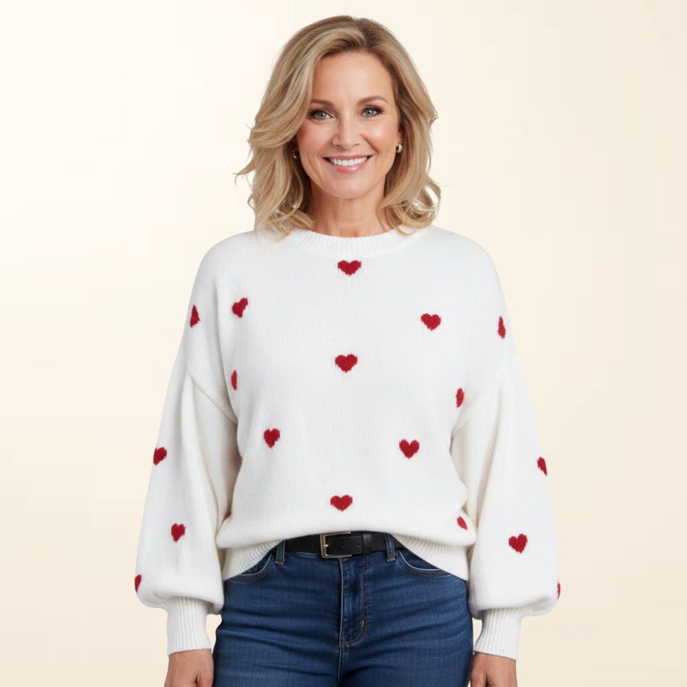 Maya | Women's Heart Print Sweater, Soft Warm Loose Fit Knit Pullover for Cold Days