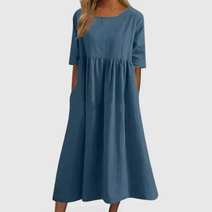 Thalyvia | Women's A-Line Midi Dress, Relaxed Fit Everyday Dress with Pockets